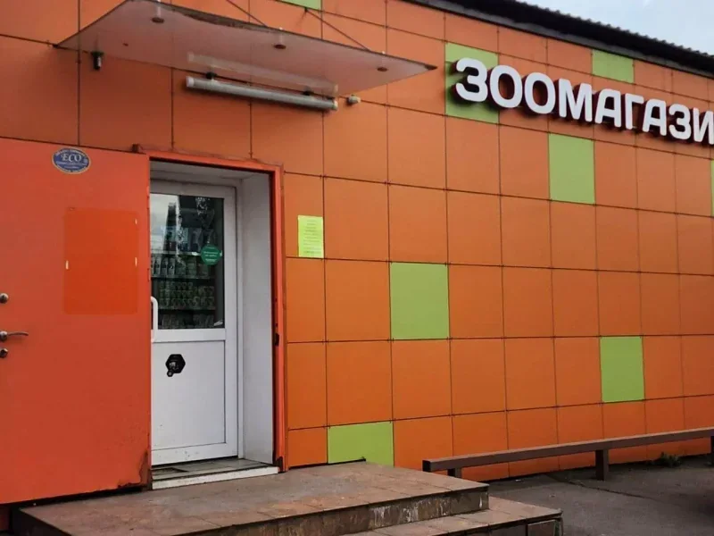 Вход в зоомагазин в Ашукино: фасад из оранжевой и салатовой плитки, белая вывеска «ЗООМАГАЗИН», козырёк над входом, крыльцо со ступенями и лавочка справа